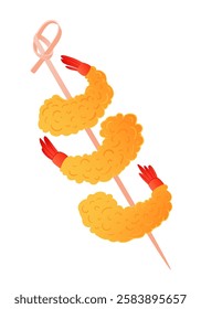 Shrimp Yakitori with shrimp in batter. Hand drawn illustration on the theme of traditional Asian food. Tempura fried ebi isolated on white background clip art