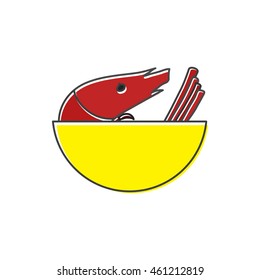 Shrimp in yellow bowl icon in flat style on a white background