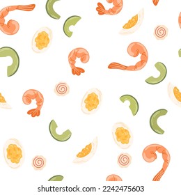 Shrimps, avocado, narutomaki seamless pattern. Asian food background. Perfect for restaurant cafe and print menus. Vector hand draw cartoon illustration. 