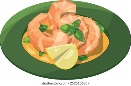 Shrimps dish cartoon icon. Cooked seafood with lemon