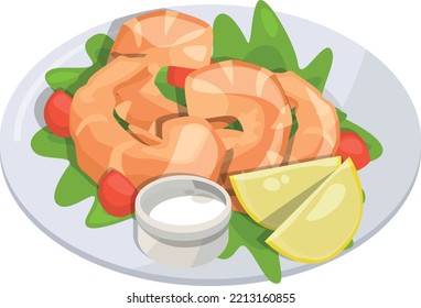 Shrimps dish. Cuisine plate icon. Cartoon seafood