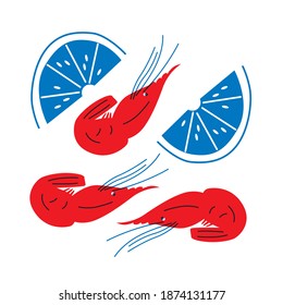 Shrimps and lemon abstract vector illustration. Red blue seafood for menu, cover, packaging.