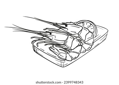 Garnelen mit Zitrone auf Holzteller. Handgezeichnete Illustration.