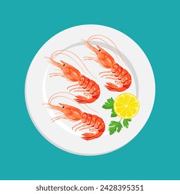 Shrimps with lemon and parsley on plate. Top view. Vector cartoon illustration of prawns. 