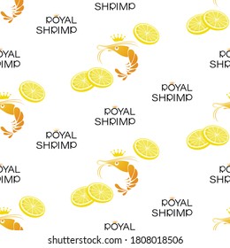 Shrimps, lemon slice. Royal Shrimp. Vector background. Symbol shrimp in crown. Seamless pattern