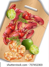 Shrimps and lime on wooden tray. Realistic Vector seafood