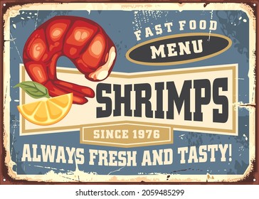 Shrimps menu retro seafood restaurant advertisement. Menu board design with delicious fried breaded shrimps. Vector food illustration.