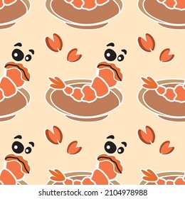 Shrimps and mussels cartoon. Seamless pattern. Vector illustration.