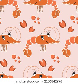 Shrimps and mussels cartoon. Seamless pattern. Vector illustration.