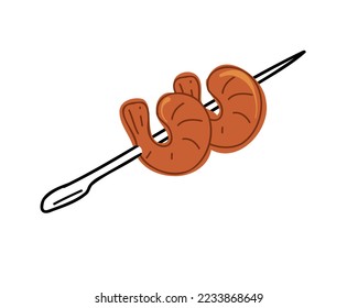 Camarones en una brocheta. Ilustración vectorial plana.