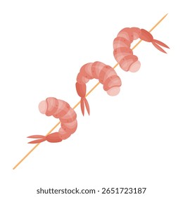 Camarão na ilustração do espeto no fundo transparente. Ícone de camarão. Elemento de design para cozinhar tema, restaurantes, café, cozinha ao ar livre, cartazes, padrões, logotipos. Design de desenho animado plano style.Vetor