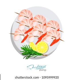 Shrimps on a skewer with rosemary and lemon on the plate. Vector illustrationin cartoon style. Seafood product design. Inhabitant wildlife of underwater world. Edible sea food.