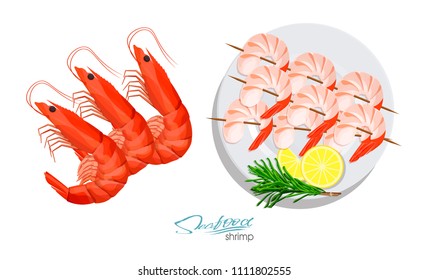 Shrimps on a skewer with rosemary and lemon on the plate. Shrimp isolated on white background. Vector illustrationin cartoon style. Seafood product design. Edible sea food.