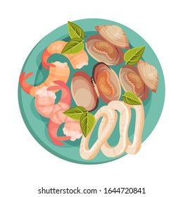 Shrimps and Oysters Rested on Plate with Leaf Garnish Top View Vector Illustration