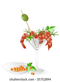 shrimps and red caviar  in a crystal tableware with leaves of parsley, olive and dill