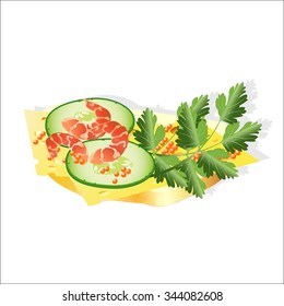Shrimps and red caviar sandwich. Vector graphics.