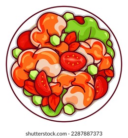 Shrimps salad with avocado and lettuce illustration vector. Asian prawn salad with mayonnaise food icon top view. Salad with shrimp tomato and mixed greens top view cartoon. Seafood menu icon.