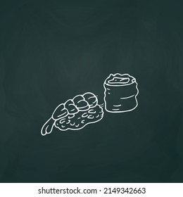 Camarones con salsa líneas blancas delgadas sobre un fondo oscuro textural - Ilustración vectorial