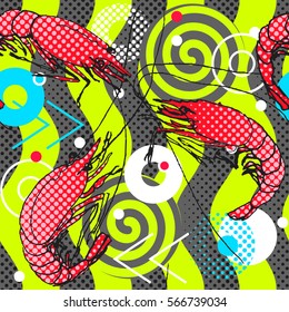 Shrimps. Seamless pattern background. Shrimps hand-drawn sketch geometric waves motif. Drawn illustration, sketch, doodle