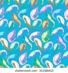 Shrimps. Seamless pattern background. Orange, pink, blue, green pastel color linear drawing on teal. Drawn illustration, sketch, doodle