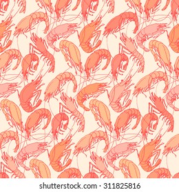 Shrimps. Seamless pattern background. Orange, red color linear drawing on beige. Drawn illustration, sketch, doodle