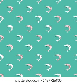 Shrimps seamless pattern flat vector. Cute cartoon style sea and ocean creature, animal. Symmetrical square composition, for print design, wallpaper, wrapping paper or web.