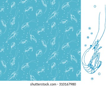 Shrimps. Seamless pattern motif. White color linear drawing on blue background