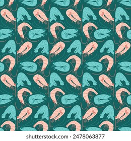 Shrimps seamless pattern. Underwater life endless background. Crustaceans repeat cover. Vector hand drawn illustration.