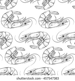 Shrimps seamless pattern. Vector black and white illustration.