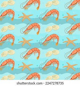 Shrimps and shells in a pattern.Vector pattern with shrimps and sea shells on a colored background.