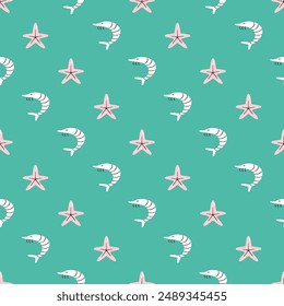 Shrimps and starfish seamless pattern flat vector. Cute cartoon style sea and ocean creature, animal. Symmetrical square composition, for print design, wallpaper, wrapping paper or web.