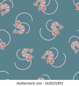 shrimps, sticker style, on teal color background with circles. Vector seamless pattern.