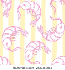 Vetor de camarões padrão sem emenda. Desenhado à mão ilustrações marinhas de linha gravada rosa no fundo amarelo Stripe. La Dolce Vita, inspirada na estética italiana de verão.