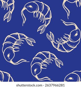 Shrimps vector seamless pattern. Hand-drawn Marine illustrations of beige engraved line on Blue background. La Dolce Vita themed print, inspired by Summer Italian aesthetic.