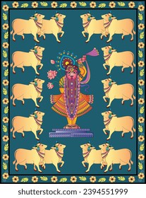 Shrinathji, Jagannath, or Lord Krishna with cows, in Indian folk painting Pichwai style	