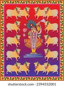 Shrinathji, Jagannath, or Lord Krishna with cows, in Indian folk painting Pichwai style	