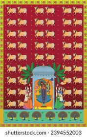 Shrinathji, Jagannath, or Lord Krishna with cows, in Indian folk painting Pichwai style	