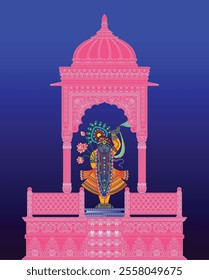 Shrinathji, Jagannath, or Lord Krishna with cows, in Indian folk painting Pichwai style	