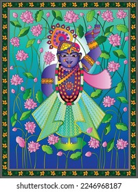 Shrinathji or Lord Krishna as a Pichwai folk painting, Indian folk art