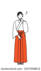 Shrine Maiden Of The Shrine, wearing White kosode and Red Hakama, nodding her head in question, Vector Illustration