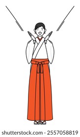 Shrine Maiden Of The Shrine, wearing White kosode and Red Hakama, calling out with her hand over her mouth, Vector Illustration