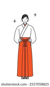 Shrine Maiden Of The Shrine, wearing White kosode and Red Hakama, with her hands on her hips, Vector Illustration