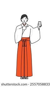 Shrine Maiden Of The Shrine, wearing White kosode and Red Hakama, recommending cashless online payments on a smartphone, Vector Illustration