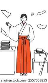 Shrine Maiden Of The Shrine, wearing White kosode and Red Hakama, who is fed up with her unorganized business, Vector Illustration