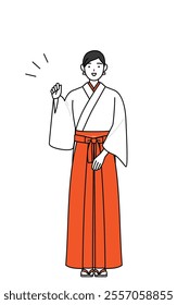 Shrine Maiden Of The Shrine, wearing White kosode and Red Hakama, posing with guts, Vector Illustration