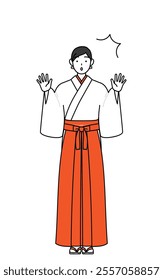 Shrine Maiden Of The Shrine, wearing White kosode and Red Hakama, raising her hand in surprise, Vector Illustration