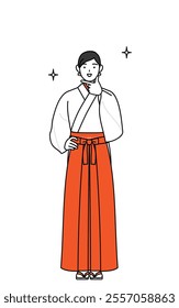 Shrine Maiden Of The Shrine, wearing White kosode and Red Hakama, in a confident pose, Vector Illustration