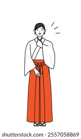 Shrine Maiden Of The Shrine, wearing White kosode and Red Hakama, tapping her chest, Vector Illustration