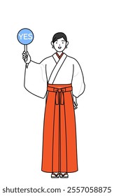 Shrine Maiden Of The Shrine, wearing White kosode and Red Hakama, holding a maru placard that shows the correct answer, Vector Illustration