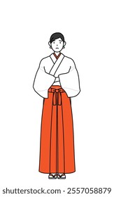 Shrine Maiden Of The Shrine, wearing White kosode and Red Hakama, with crossed arms, deep in thought, Vector Illustration